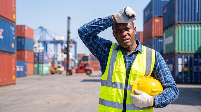 African man wearing safety vest and gloves stands in shipping yard, holding hard hat with cargo containers stacked in the background