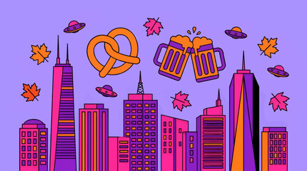 Flat Design Retro Futuristic City Skyline with Pretzel, Beer Mugs, UFOs, and Autumn Leaves, Vibrant Purple and Orange Palette, Whimsical Urban Scene © Aldi
