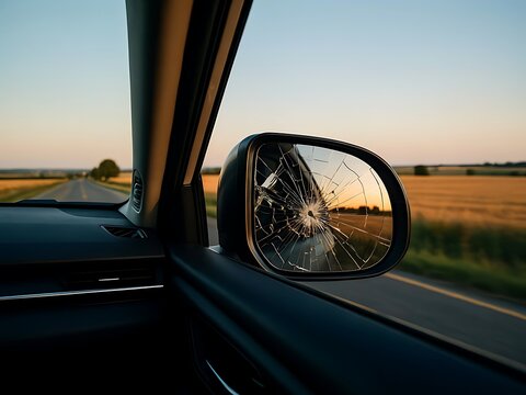 Broken car side mirror reflects countryside road at sunset during travel