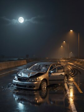 Silver car with broken windshield and open doors sits damaged on a wet road at night