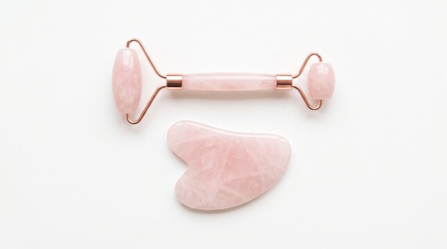 Pink rose quartz facial roller and heart gua sha tool arranged on a white background with soft lighting for skincare.