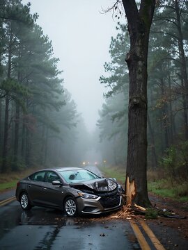 Damaged car crashed violently into a large tree on a wet road during foggy weather