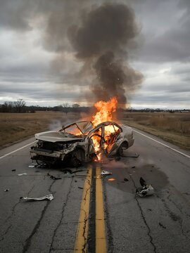 Damaged car engulfed in flames burning uncontrollably on a rural highway road