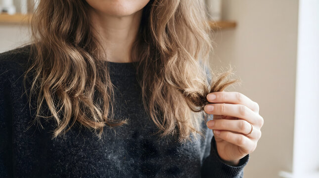 Close-up of a woman holding a strand of her damaged, split ends, showing signs of hair breakage and dryness