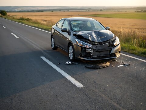 Damaged car stopped on the side of a rural highway after an accident