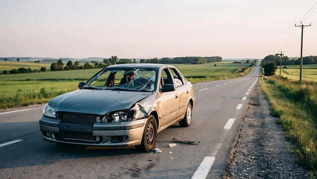 Damaged car with broken windshield sits on the side of a country road