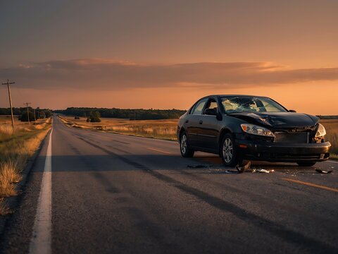 Damaged black car wrecked on a deserted highway during sunset with scattered debris