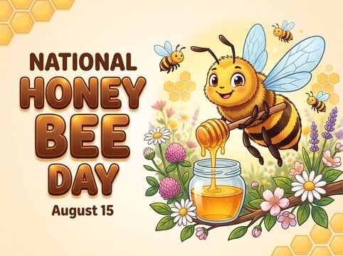 National Honey Bee Day illustration featuring a cute cartoon honey bee collecting golden honey into a glass jar surrounded by wildflowers, honeycomb and buzzing bees, festive educational nature design
