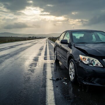 Damaged black car abandoned on a wet asphalt highway under cloudy skies