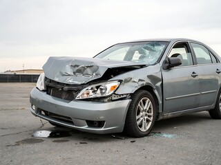 Obraz premium Heavily damaged silver sedan car with crumpled hood and broken windshield after accident