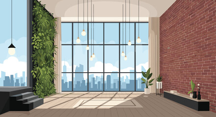 Stylish modern loft apartment features a double-height ceiling, large windows with a city view, a brick wall, and indoor greenery. © Alo