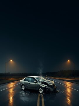 A heavily damaged car sits on a dark wet road after a nighttime accident with smoke rising