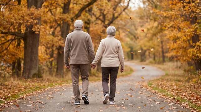Rear view of senior elderly couple holding hands while walking on road in autumn park during golden season of retirement and lifestyle