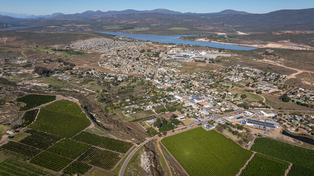 Aerial view of Clanwilliam town in the Western Cape, South Africa. The Clanwilliam Dam in background.