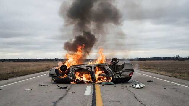 Flipped car engulfed in flames and thick smoke on a deserted rural highway