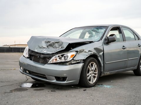 Heavily damaged silver sedan car with crumpled hood and broken windshield after accident