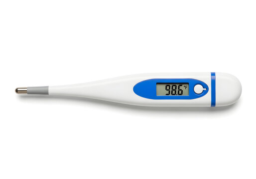 Digital thermometer showing 98.6 degrees fahrenheit isolated on white background