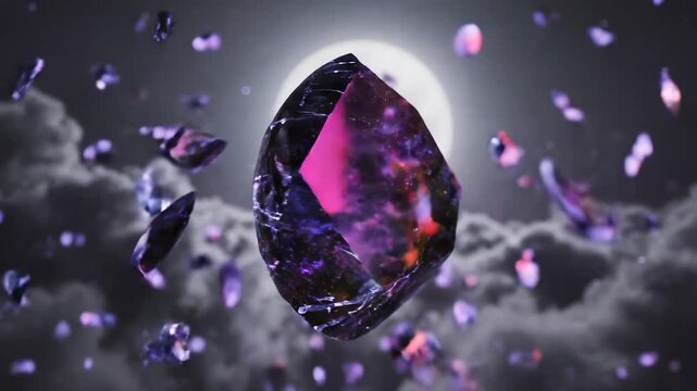 Large sparkling purple amethyst gemstone floating in midair amidst exploding dark cosmic dust and mystical purple particles with dramatic backlight and cinematic lighting effect