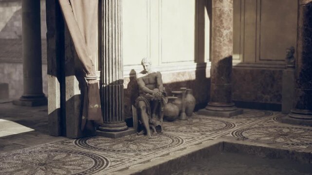 Seated statue resting by sunlit jars, stone figure beside radiator and amphora, mottled shadows on mosaic floor, quiet contemplative archaeological mood