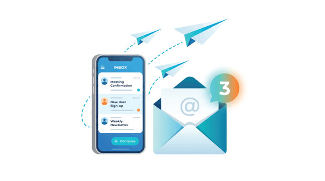 Modern email communication icon set featuring paper airplane, inbox envelope, and smartphone app interface isolated on white background.
