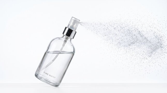 Transparent perfume bottle spraying fine mist against white background with bright studio lighting and elegant minimalist style.