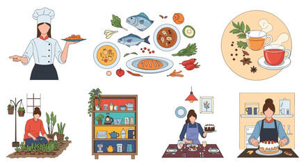 Naklejka premium Diverse collection of culinary icons includes a chef, plated meals, herbal tea, garden herbs, and kitchen organization illustrations.