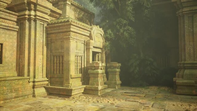 Carved sandstone temple facade with ornate columns and reliefs, soft light highlighting textures, creeping vines and subtle moss, evocative scene