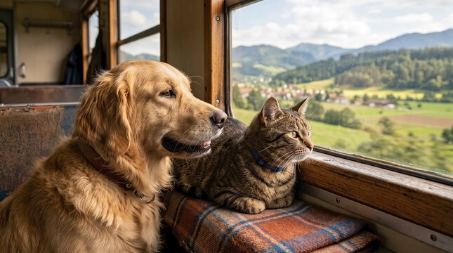 Golden Retriever and tabby cat enjoying pet train journey, sitting by window watching scenic landscape. Animals on pet train journey experience comfortable ride.