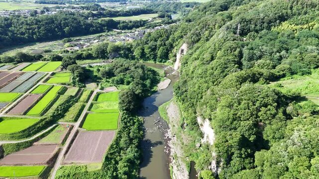 Aerial view shows river flowing through green fields. Rice paddies contrast with forested hillsides. Stream winds through rugged, leafy terrain. Countryside tranquility invites calm