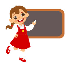 Cute school girl pointing at blackboard with chalk, cartoon vector illustration isolated on transparent background