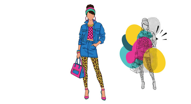Fashionable woman wears 80s style clothing including a denim jacket and leopard leggings alongside a colorful pop art representation.