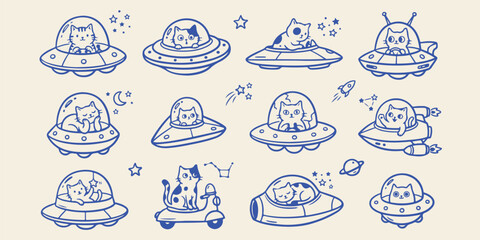 Cute cartoon cats in spaceships graphic collection with sci fi spaceship adventure illustration character creative whimsical astronomy exploration collection universe mystical © Motiur