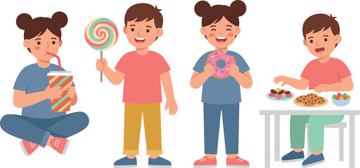 Cute Children Eating Sweets Vector Illustration Set with Kids Holding Smoothie, Lollipop, Donut, and Snack Table for Cartoon Character Design