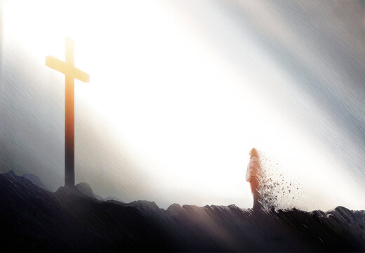 A person standing before the cross of Jesus Christ illuminated by a bright light; the concept of faith and belief, and being born again through grace and the Holy Spirit.
