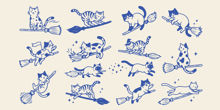 Set of cute hand drawn cats flying on broomsticks in fantasy style with flying broom black cat halloween theme broomstick halloween whimsical illustration character adventure mystical