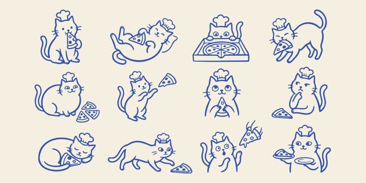 Cute cartoon cats eating pizza graphic collection with illustration character creative whimsical delicious collection restaurant