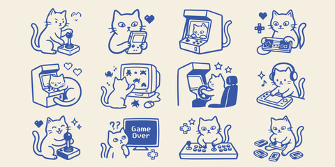 Gaming cats collection playing games and using consoles with joystick computer controller technology entertainment videogame illustration character whimsical electronic keyboard activity © Motiur