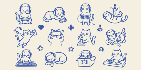 Set of cute cats gaming and playing games illustration with controller videogame illustration joystick keyboard character interactive adventure competition electronic collection © Motiur