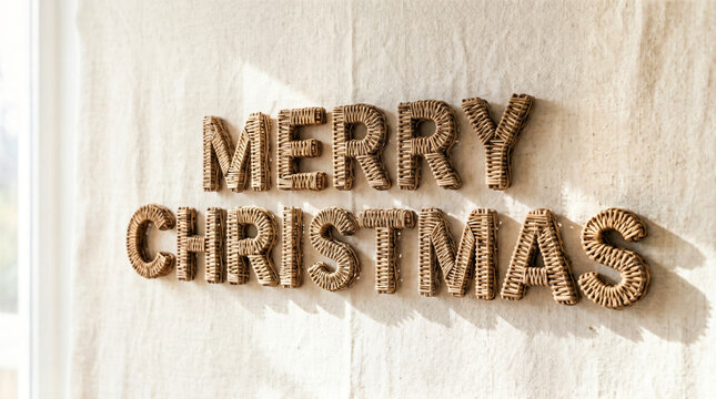 Merry christmas typography made of textured braided material on a light wall
