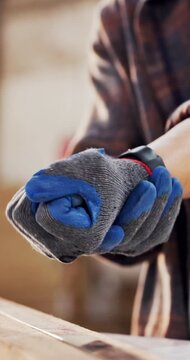 Wrist pain, hands and carpentry injury in workshop for woodwork accident, tendonitis or work safety. Person, carpenter and massage tendon strain for muscle fatigue, productivity loss and manual labor