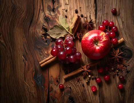 Frutos rojos, manzana, canela y especias arom&aacute;ticas sobre superficie de madera envejecida, concepto de aromas del vino tinto, cata de vinos, enolog&iacute;a, barrica de roble, vino de calidad y degustacion