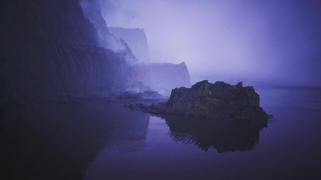 Peaceful cove with towering cliffs. Reflective waters surround majestic rocky edges. Calm bay nestled among soaring cliffs under twilight glow