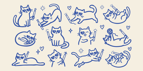 Cats with magic wands and heart shapes vector doodles whimsical illustration collection minimalist character imagination enchantment activity © Motiur