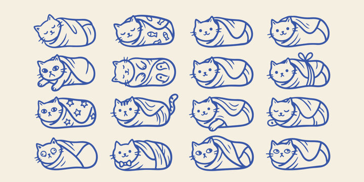Adorable burrito cat swaddle set with various expressions wrapped up sleeping illustration character creative collection expression comfortable adorable wrapped up peaceful dreaming