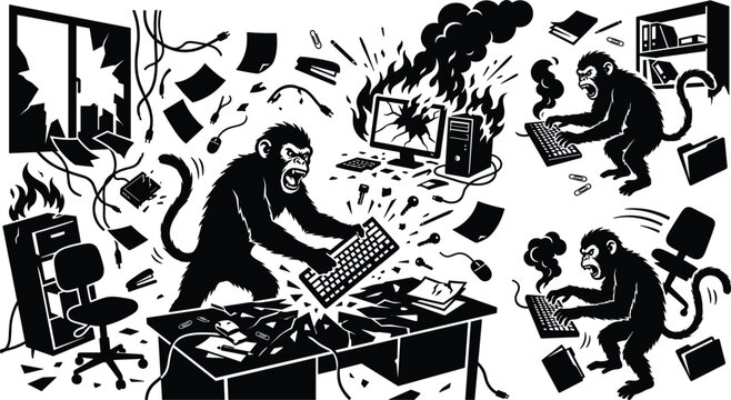 Angry monkey programmer silhouette at chaotic messy desk breaking keyboard with burning computer monitor window shatter and corporate office burnout