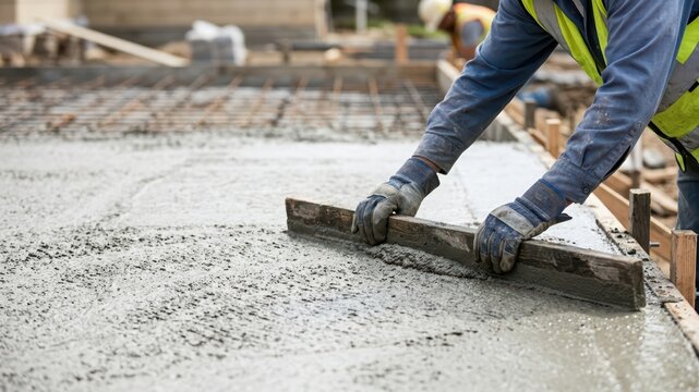 Construction worker leveling wet concrete with wooden screed board on foundation. Professional builder working on residential building site. Infrastructure development and construction project.