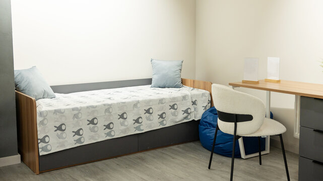 Modern minimalist bedroom with single bed and work desk