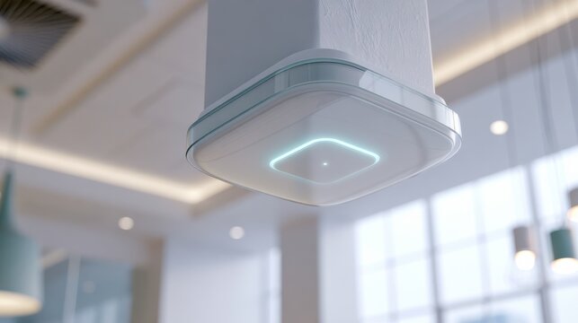 Modern kitchen with a sleek, white ceiling range hood featuring integrated LED lighting.