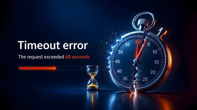 Timeout error connection failure concept with shattered stopwatch and loading progress bar illustrating digital latency