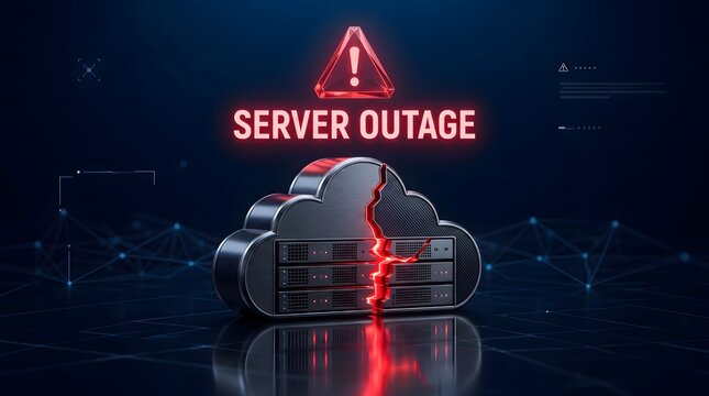 Critical cloud server failure and data center outage with cracked hardware and emergency red warning sign